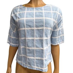Lumiere Linen Blend Boxy Top Blue Windowpane Check Coastal Grandma Minimalist M